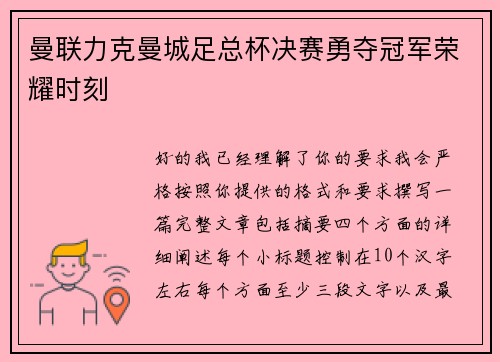 曼联力克曼城足总杯决赛勇夺冠军荣耀时刻